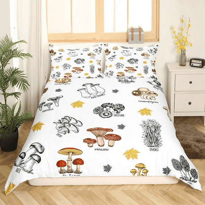 Mushroom Bedding Set Natural Wild Fungus Mushroom Duvet Covers White Unique Gift