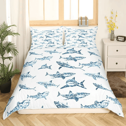 Shark Bedding Set Watercolor Cartoon Sharks Pattern Duvet Covers White Blue Unique Gift