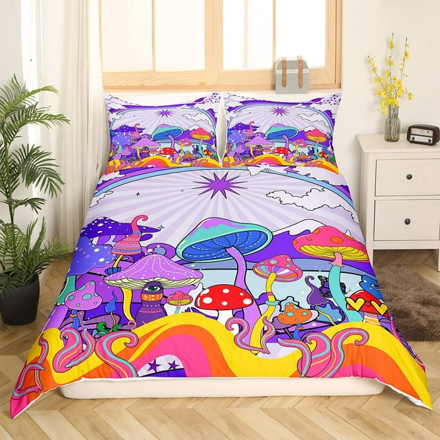 Mushroom Bedding Set Fantasy Fungus Mushroom Pattern Duvet Covers Colorful Unique Gift