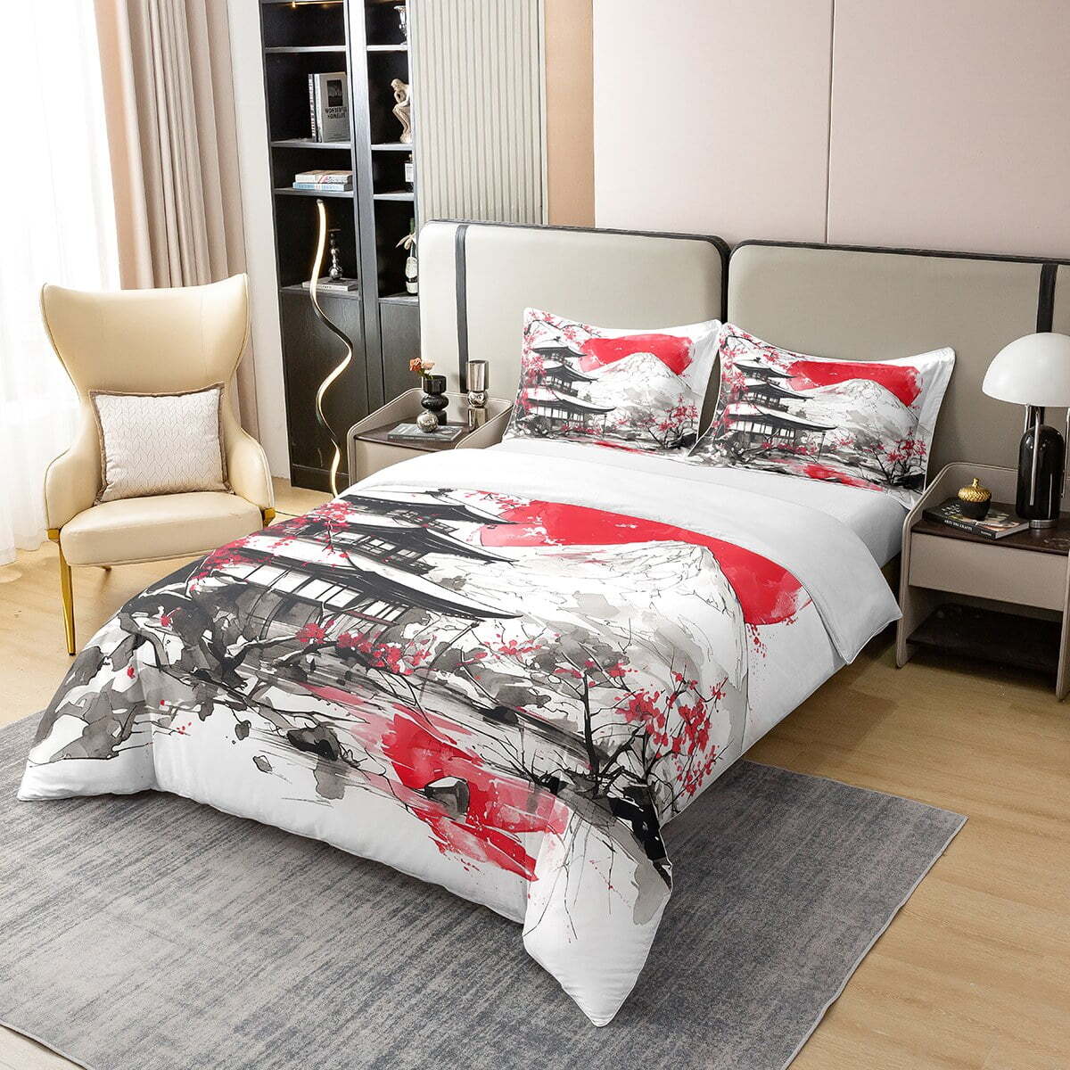 Japan Bedding Set Cherry Blossoms And Mount Fuji Duvet Covers White Red Unique Gift