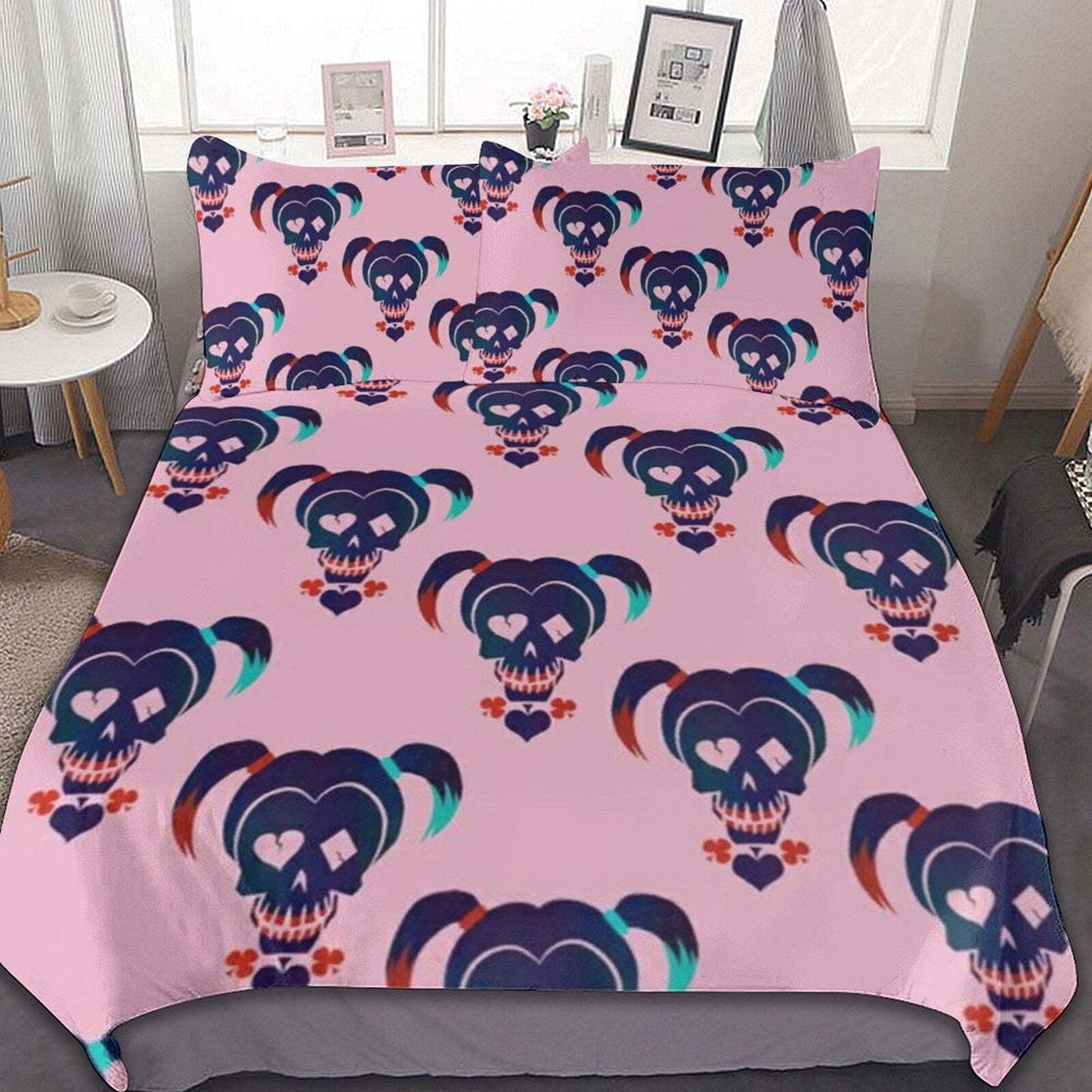 Harley Quinn Bedding Set DC Harley Quinn Skull Symbol Pattern Duvet Covers Pink Unique Gift