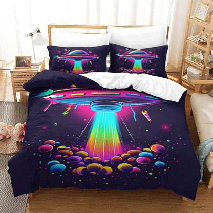 UFO Bedding Set UFO Flies In Space Neon Light Duvet Covers Colorful Unique Gift