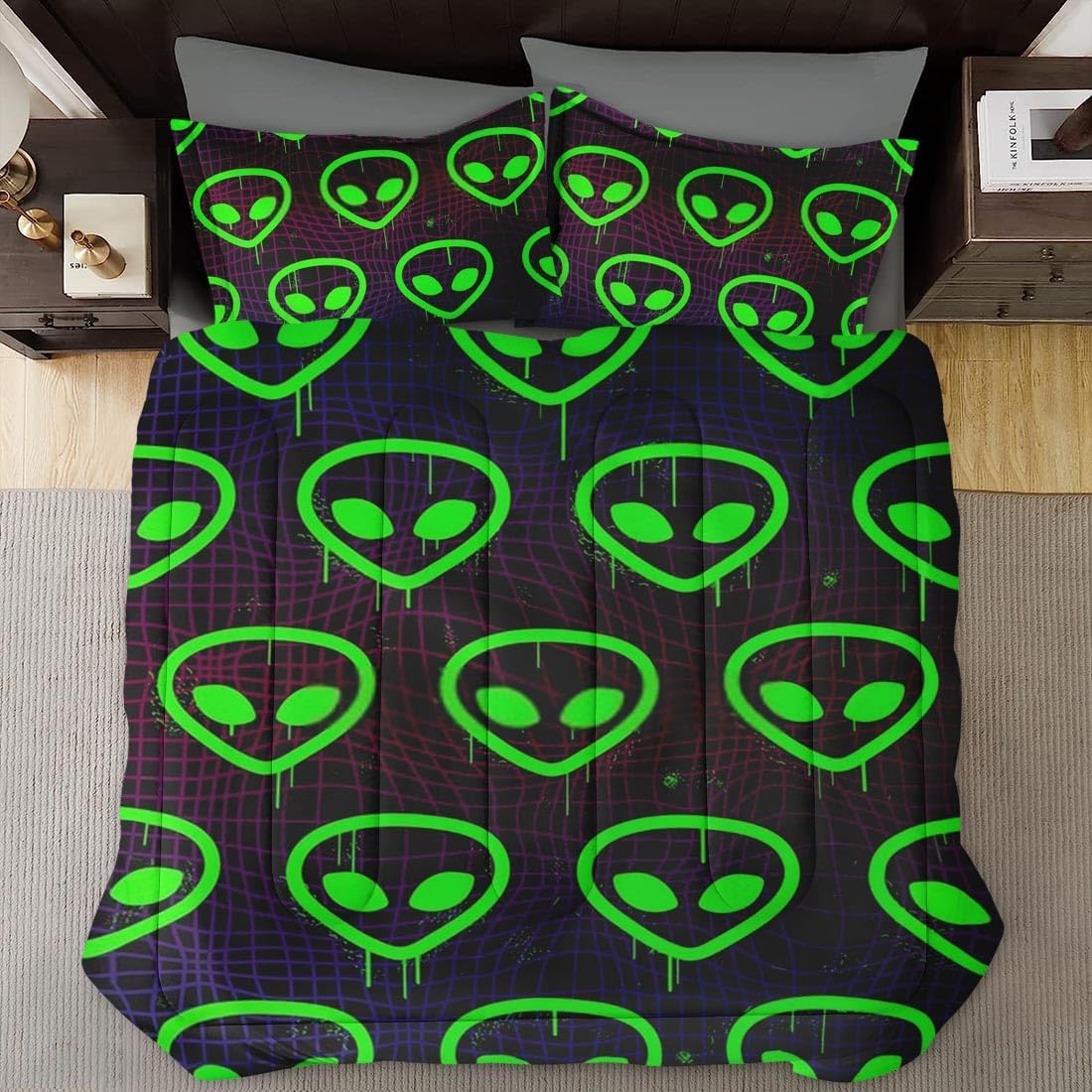 Alien Bedding Set Alien Space Retro Geometric Duvet Covers Black Green Unique Gift