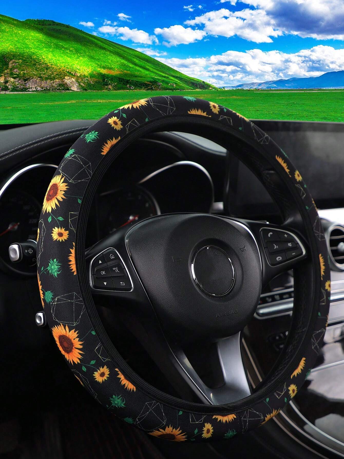 Sunflower Steering Wheel Cover Sunflower Geometry Graphic Pattern Driving Wheel Cover Black