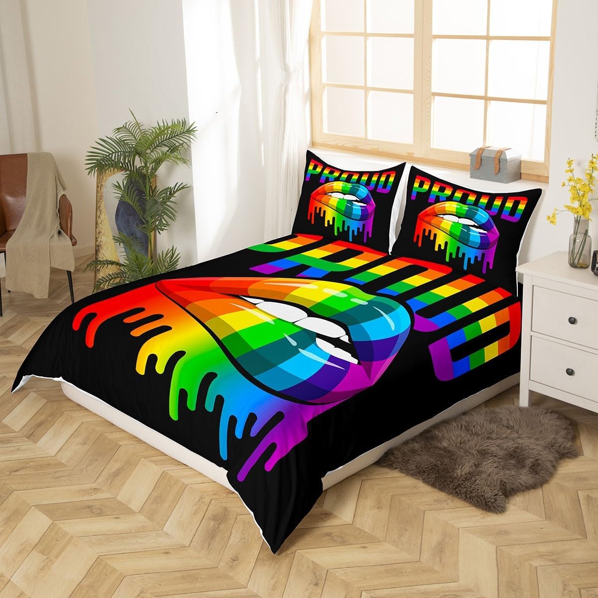 LGBT Bedding Set LGBT Rainbow Stripes Lips Proud Duvet Covers Colorful Unique Gift