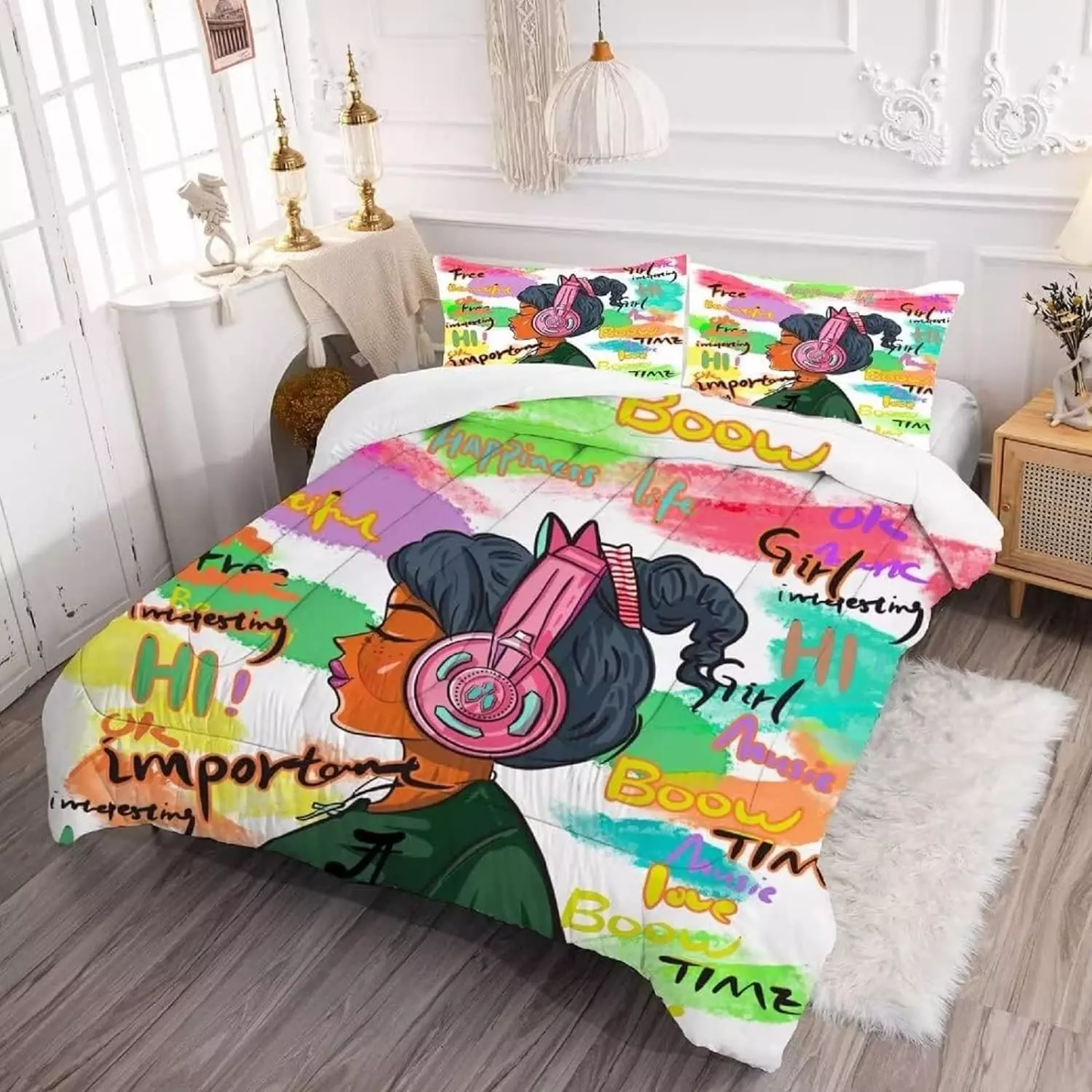 Africa Americans Bedding Set Black Girl Music Motivation Words Pattern Duvet Covers Colorful Unique Gift