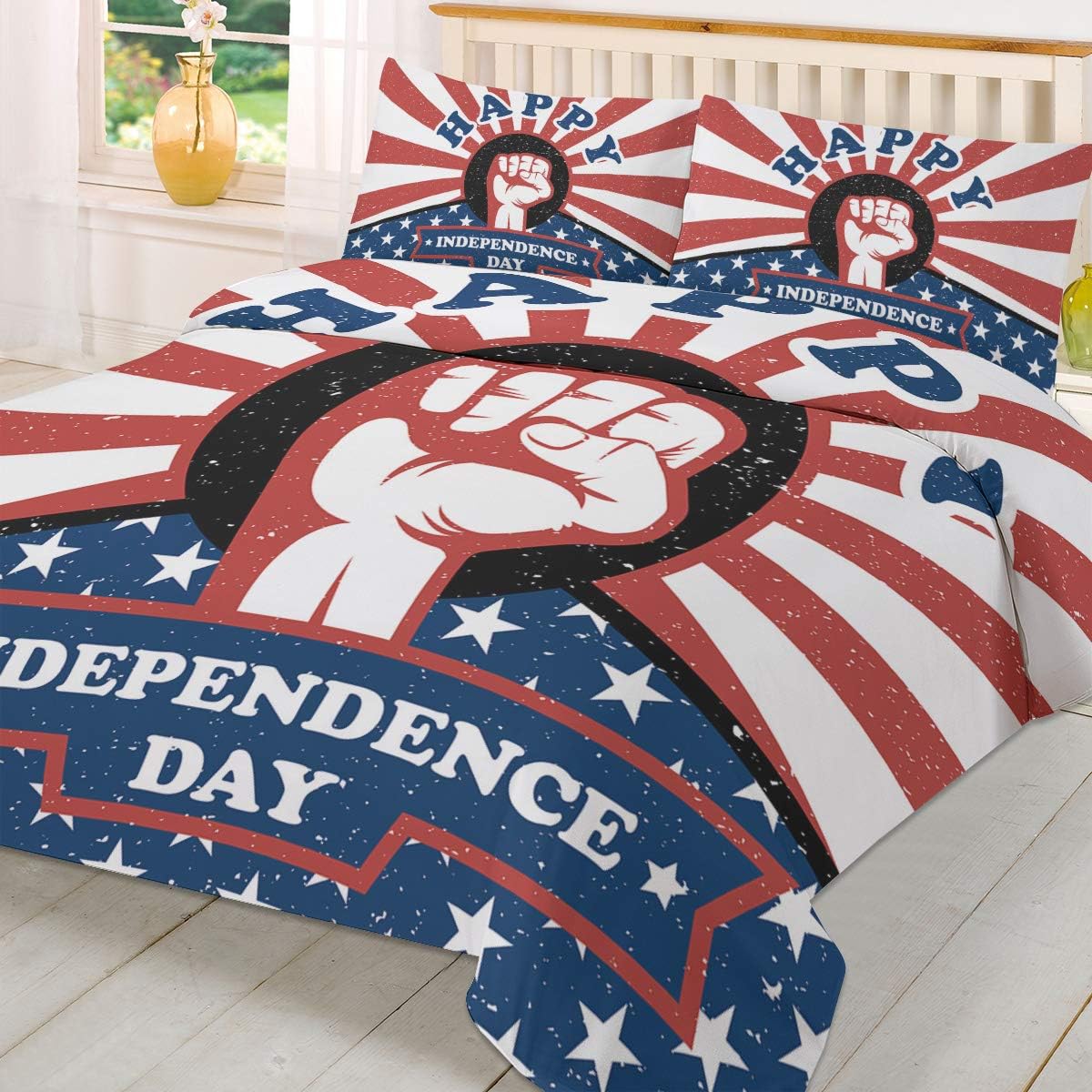 4th of July Bedding Set Happy Independence Day Hand Fist Duvet Covers Blue Red Unique Gift