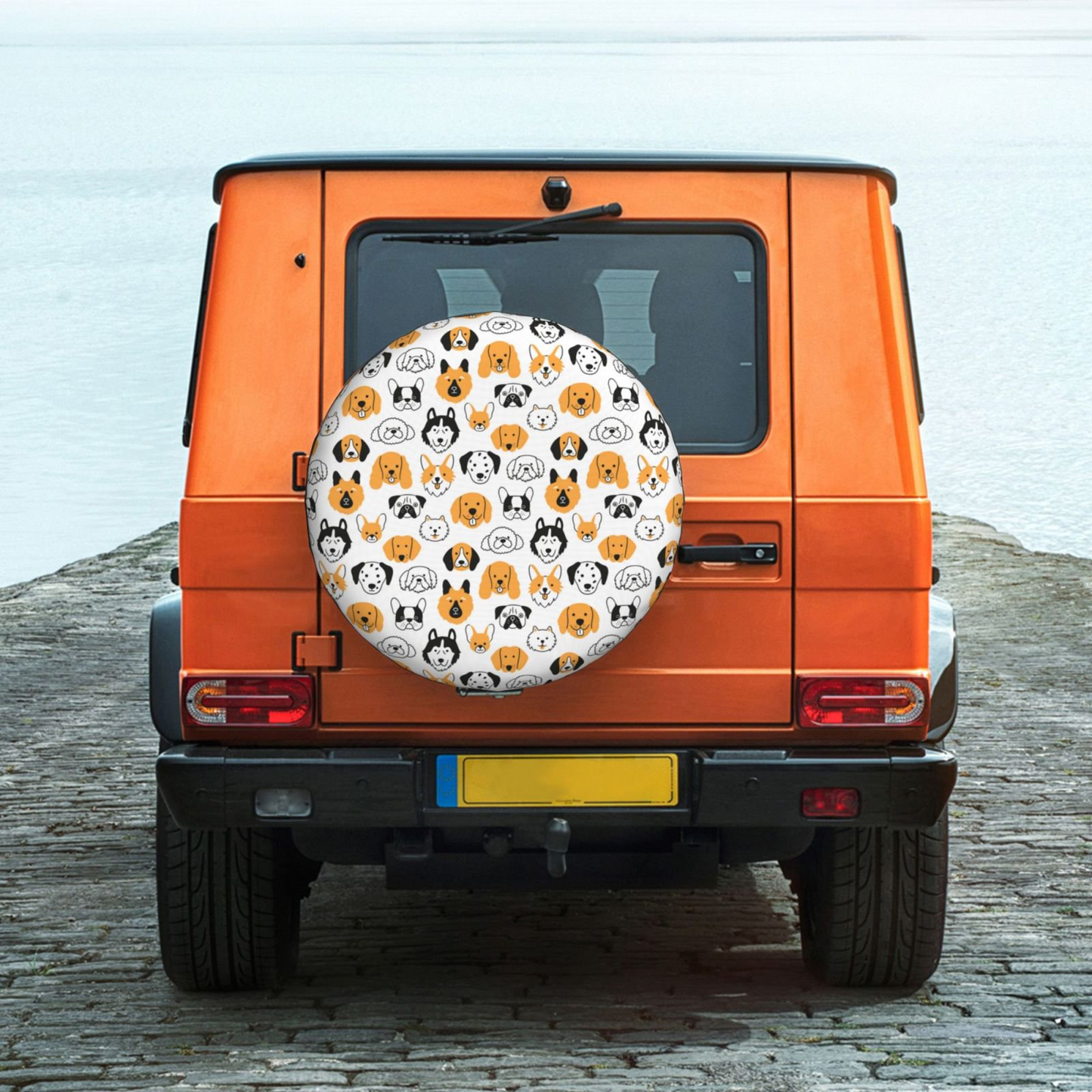 Dog Spare Tire Cover Drawing Dog Faces Print Pattern Tire Covers White Orange