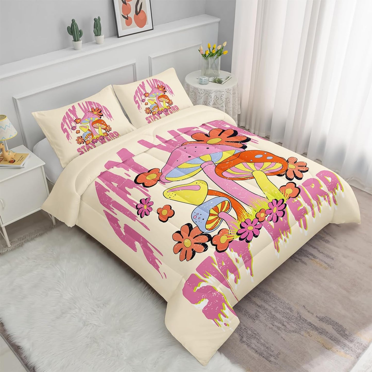 Mushroom Bedding Set Stay Weird Flower And Mushroom Duvet Covers Pink Unique Gift