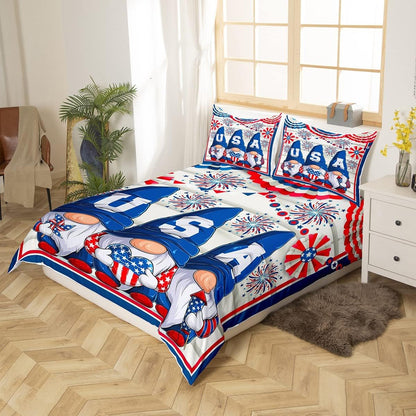 4th of July Bedding Set USA Independence Day Gnomes Duvet Covers Blue Red Unique Gift