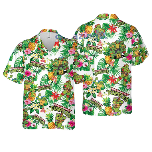 TMNT Hawaii Shirt Ninja Turtle Tropical Flower Leaves Pattern Hawaiian Shirt Green Unisex