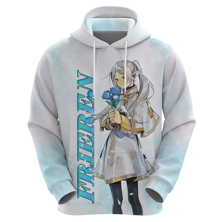 Frieren Beyond Journey’s End Hoodie Frieren And Himmerl On Flower Field Hoodie White Blue Unisex