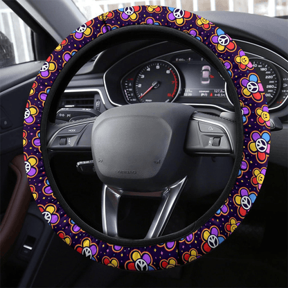 Hippie Steering Wheel Cover Peace Sign Smiling Face Flower Pattern Driving Wheel Cover Colorful