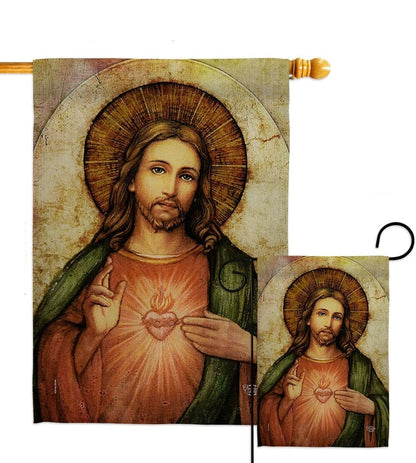 Jesus Flags Vintage Sacred Heart Jesus With Crown Flag Brown