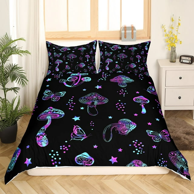 Mushroom Bedding Set Boho Mushroom Butterflies Pattern Duvet Covers Black Unique Gift