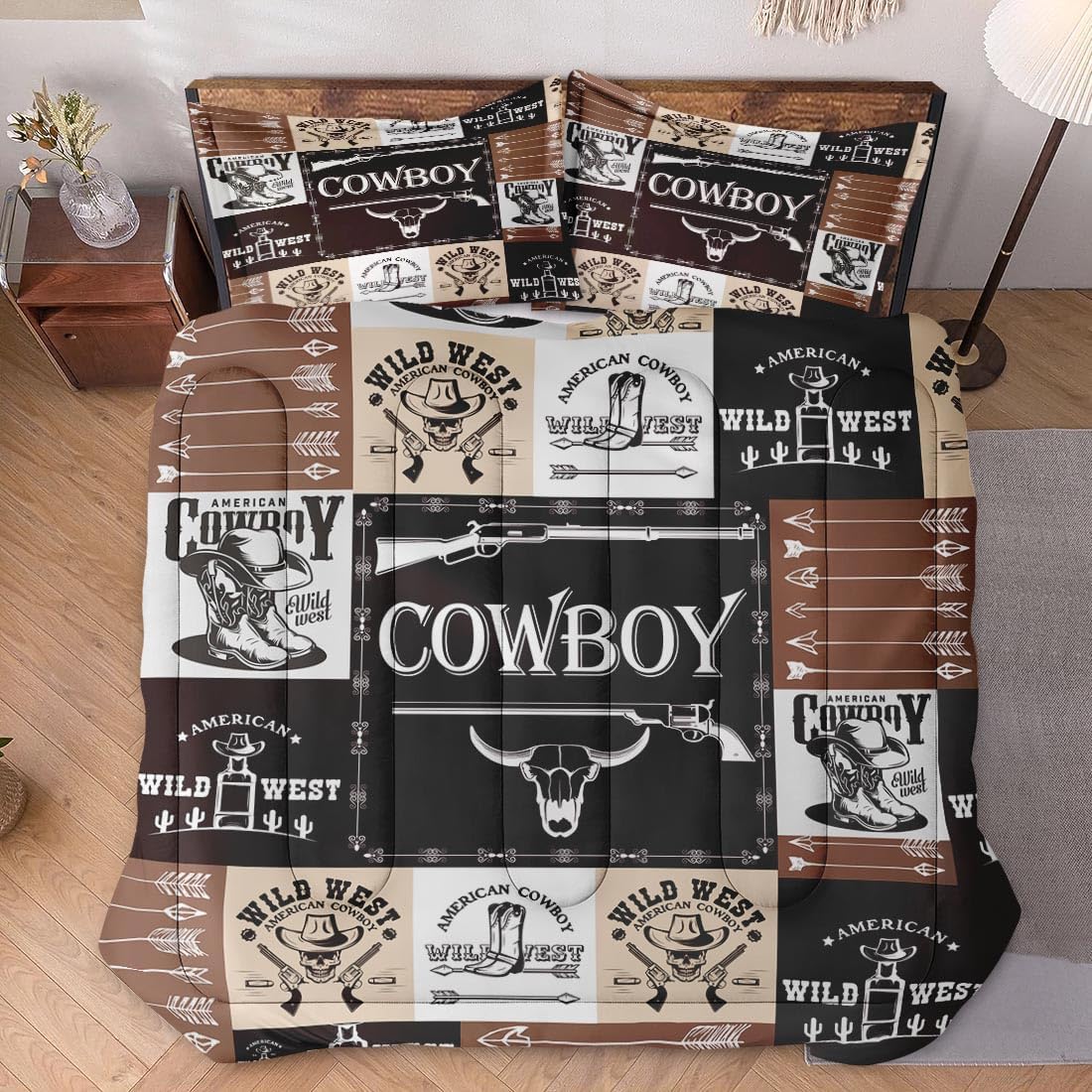 Farmer Bedding Set Vintage Cowboy Western Pattern Duvet Covers Brown Unique Gift