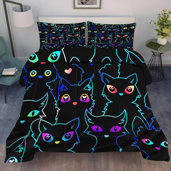 Cat Bedding Set Gradient Line Black Cat Pattern Duvet Covers Black Unique Gift