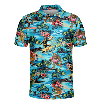 Bigfoot Polo Shirt Bigfoot With Swimming Float And Surfing Pattern Polo Tees Coloful