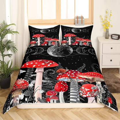 Mushroom Bedding Set Moon And Sun Above The Mushroom Duvet Covers Black Red Unique Gift