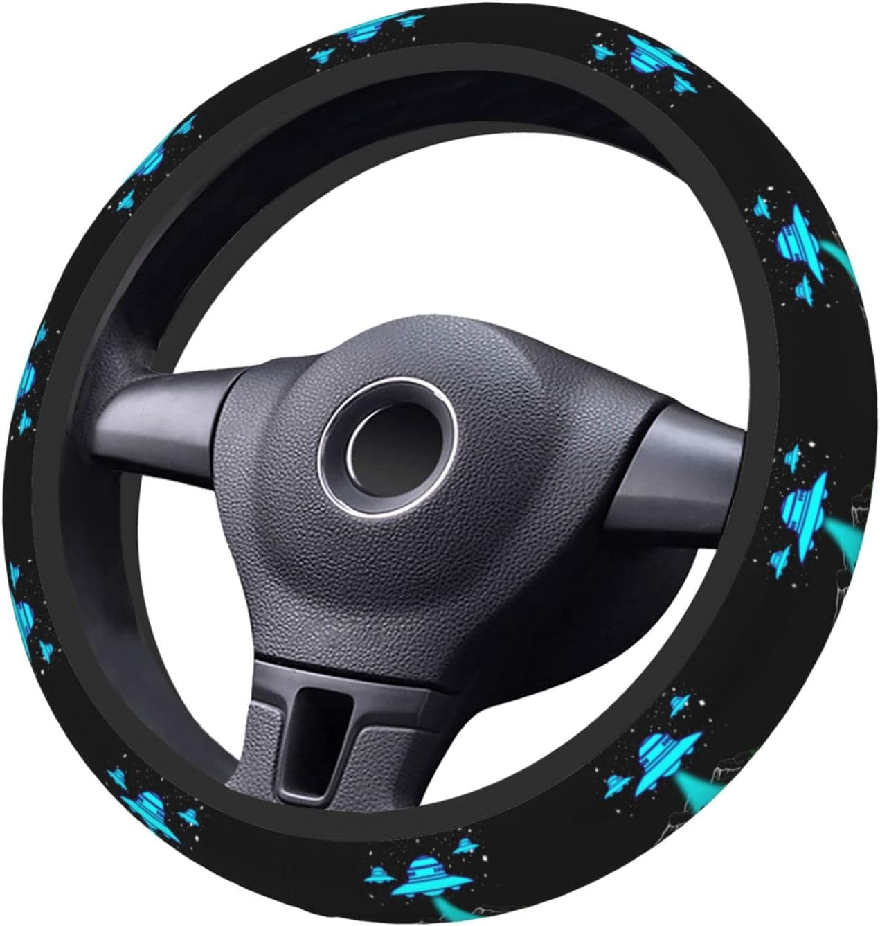 UFO Steering Wheel Cover UFO Above Bigfoot And Alien Driving Wheel Cover Black Blue