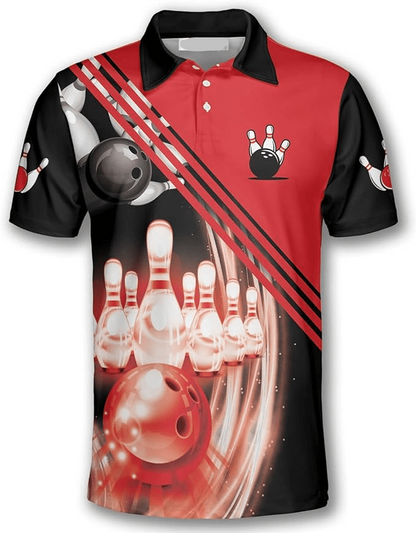 Bowling Polo Shirt Glowing Bowling Balls Pins Boys Polo Shirts Red Black