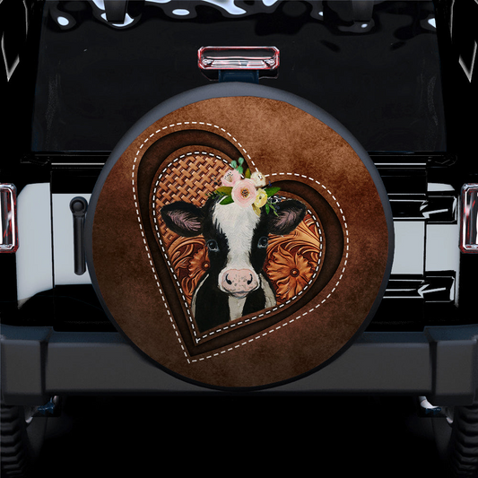 Cow Spare Tire Cover Cow Heart Flower Wood Carving Tire Covers Brown