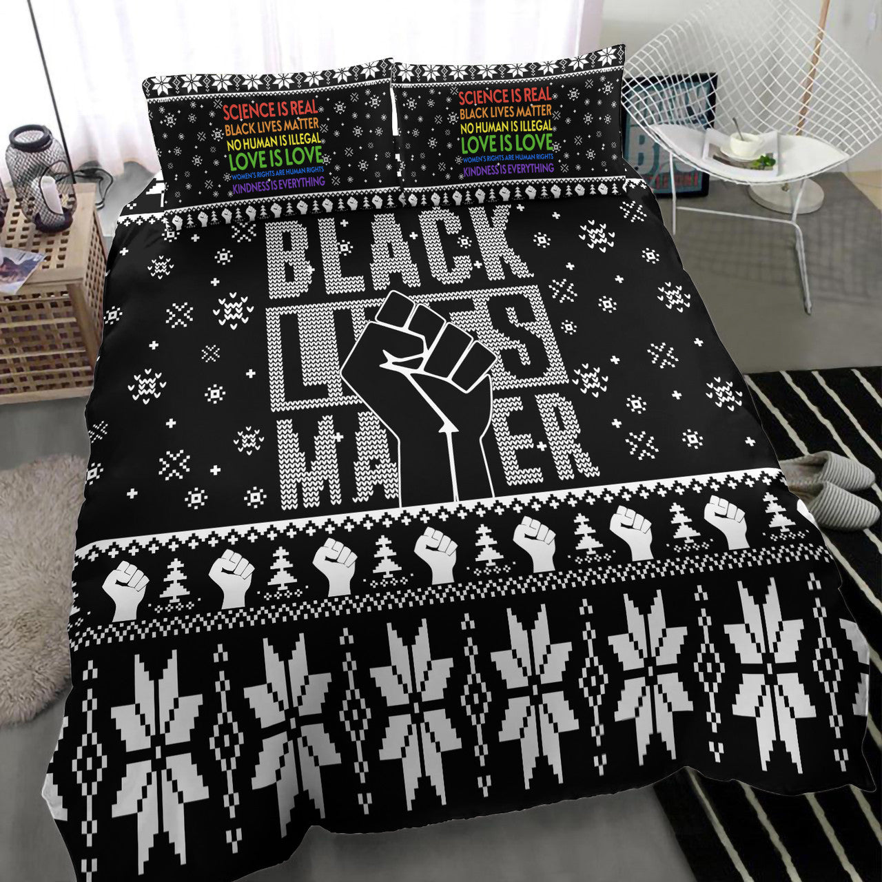 BLM Bedding Set BLM Christmas Snowflakes Pattern Duvet Covers Black Unique Gift