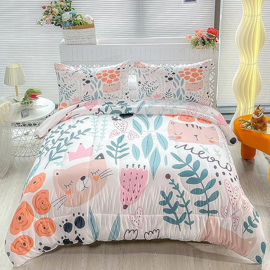 Cat Bedding Set Meow Cat Flower And Leaves Pattern Duvet Covers White Unique Gift