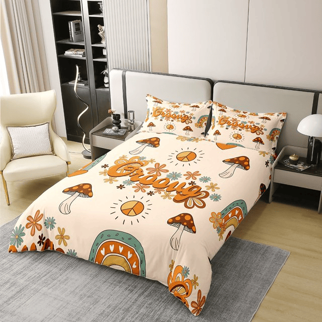 Mushroom Bedding Set Groovy Flower And Mushroom Duvet Covers Colorful Unique Gift