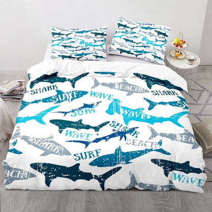 Shark Bedding Set Wave Surf Shark Silhouette Pattern Duvet Covers White Blue Unique Gift