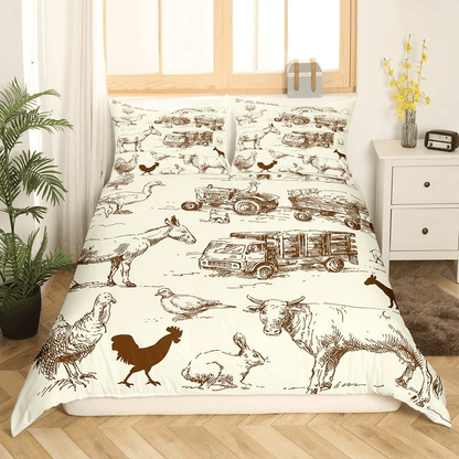 Farmer Bedding Set Farm Animal Cow Chicken Pattern Duvet Covers Brown Unique Gift