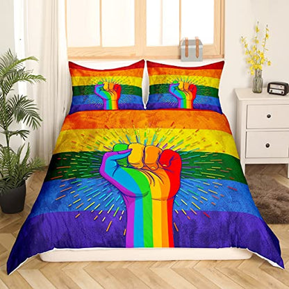 LGBT Bedding Set Watercolor Rainbow Hand Fist Duvet Covers Colorful Unique Gift