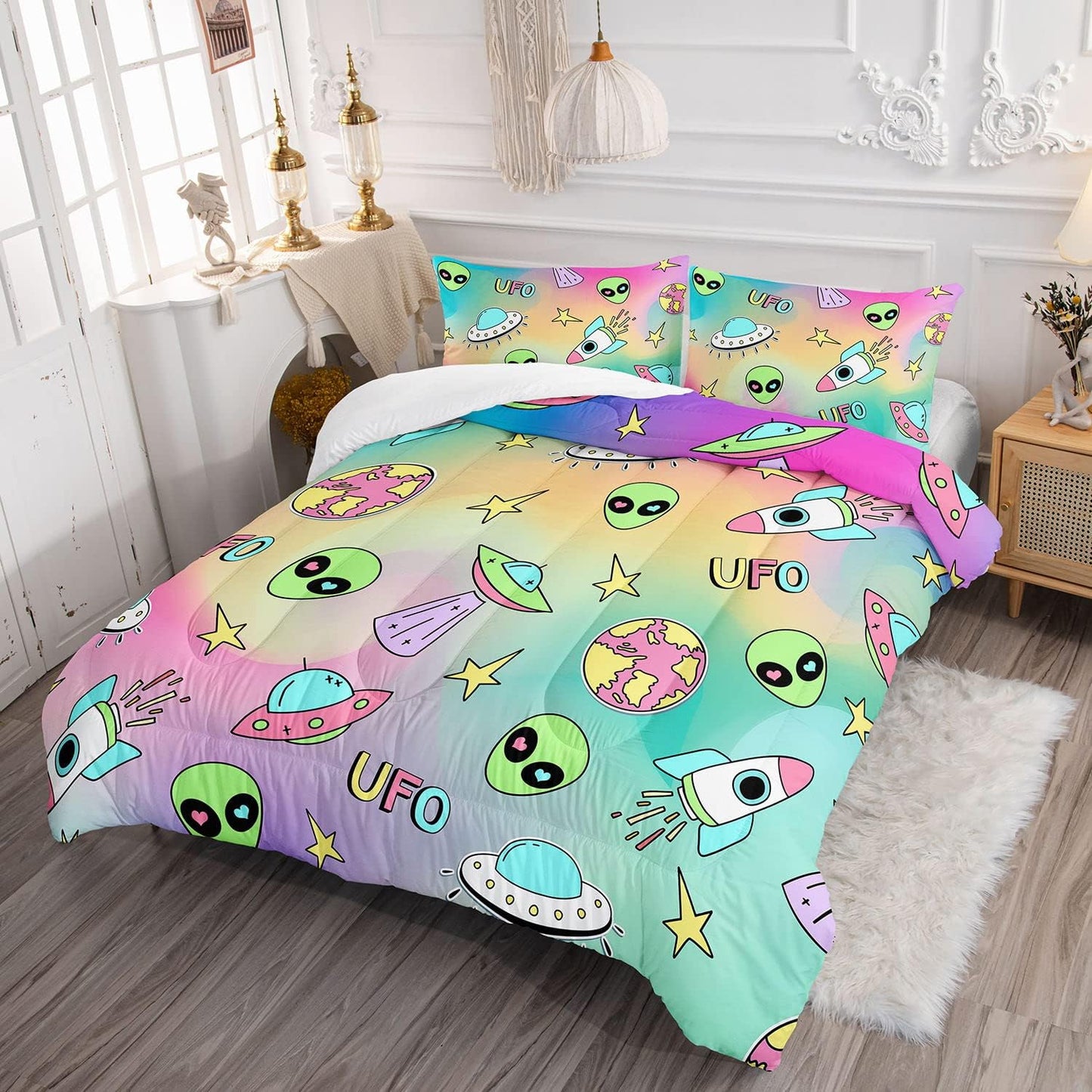 UFO Bedding Set UFO Spaceship Earth Pattern Duvet Covers Colorful Unique Gift