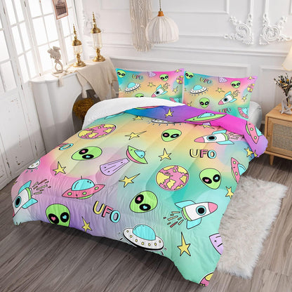 UFO Bedding Set UFO Spaceship Earth Pattern Duvet Covers Colorful Unique Gift