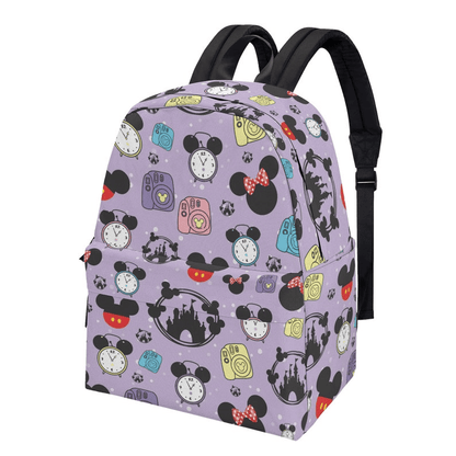 DN Backpack Castle Silhouette Mouse Ears Clocks Pattern Backpacks Purple