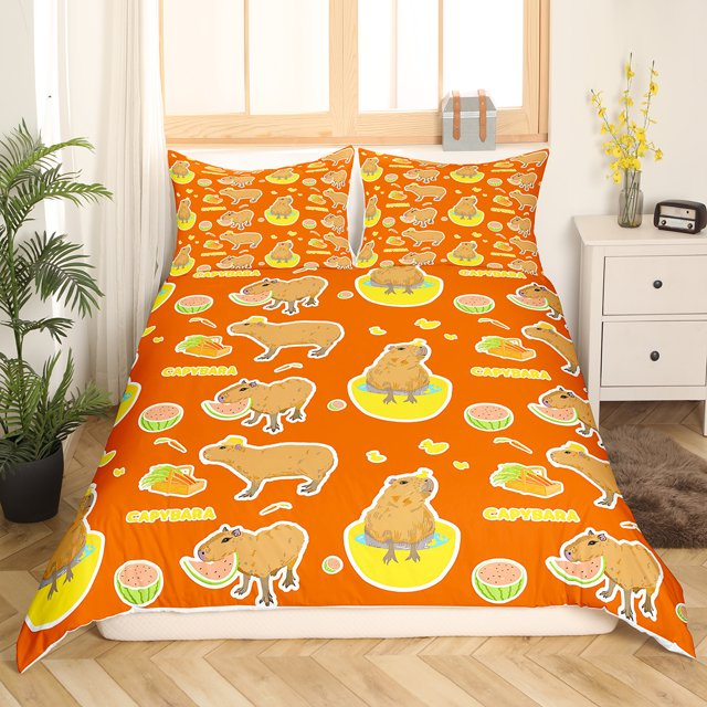 Funny Bedding Set Cute Funny All Poses Capybara Sticker Duvet Covers Orange Unique Gift