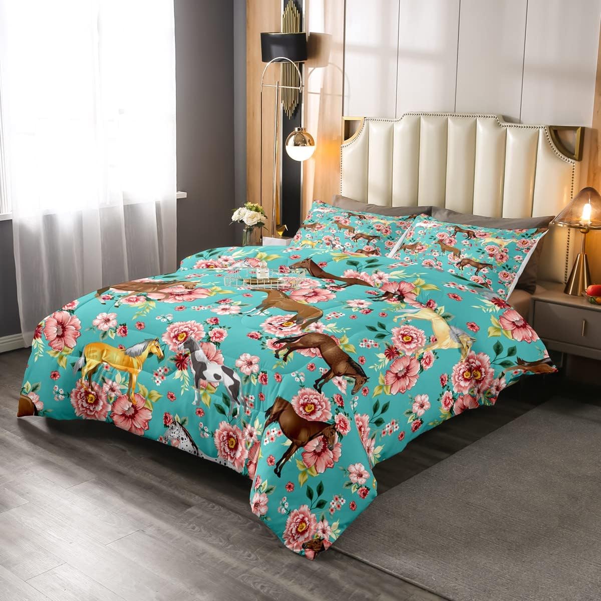 Horse Bedding Set All Types Of Horse Flower Pattern Duvet Covers Blue Pink Unique Gift