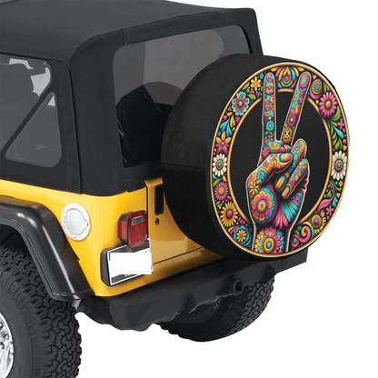 Hippie Spare Tire Cover Peace Hand Sign Flower Doodle Pattern Tire Covers Colorful