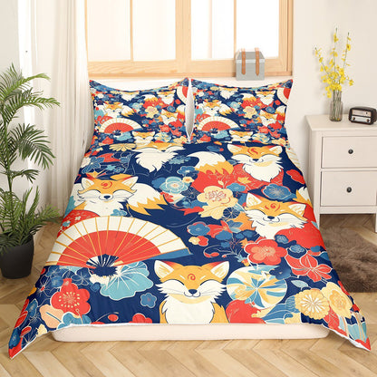 Japan Bedding Set Japanese Cherry Blossoms Fox Pattern Duvet Covers Colorful Unique Gift