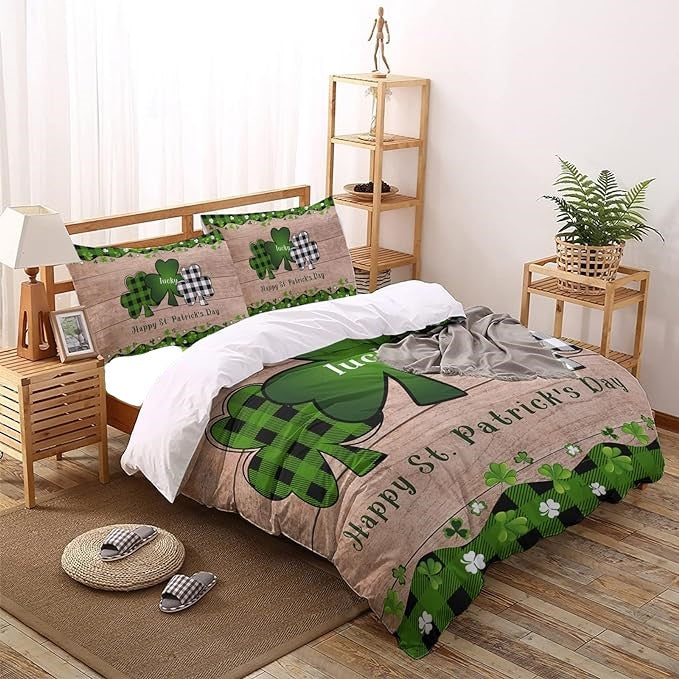 St Patrick Day Bedding Set Happy St Patrick Day Shamrock Graphic Duvet Covers Green Brown Unique Gift