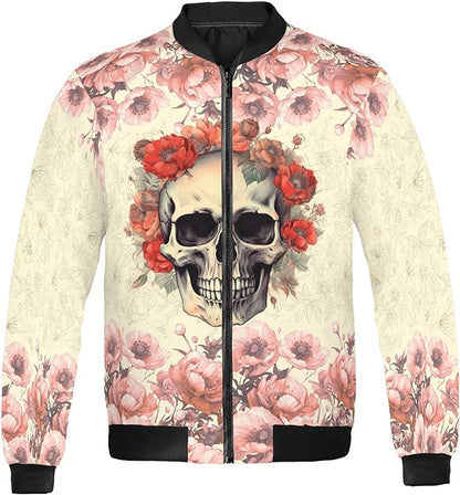 Skull Bomber Jacket Vintage Flowers And Skull Bomber Pink Yellow Unisex