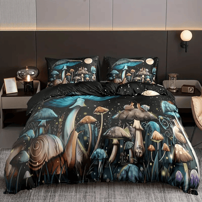 Mushroom Bedding Set Forest Mushroom Snail Pattern Duvet Covers Black Unique Gift