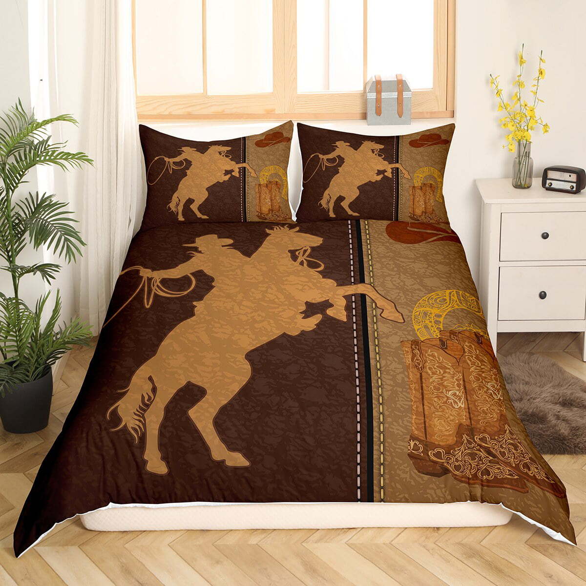 Horse Bedding Set Cowboy Riding Horse Silhouette Duvet Covers Brown Unique Gift