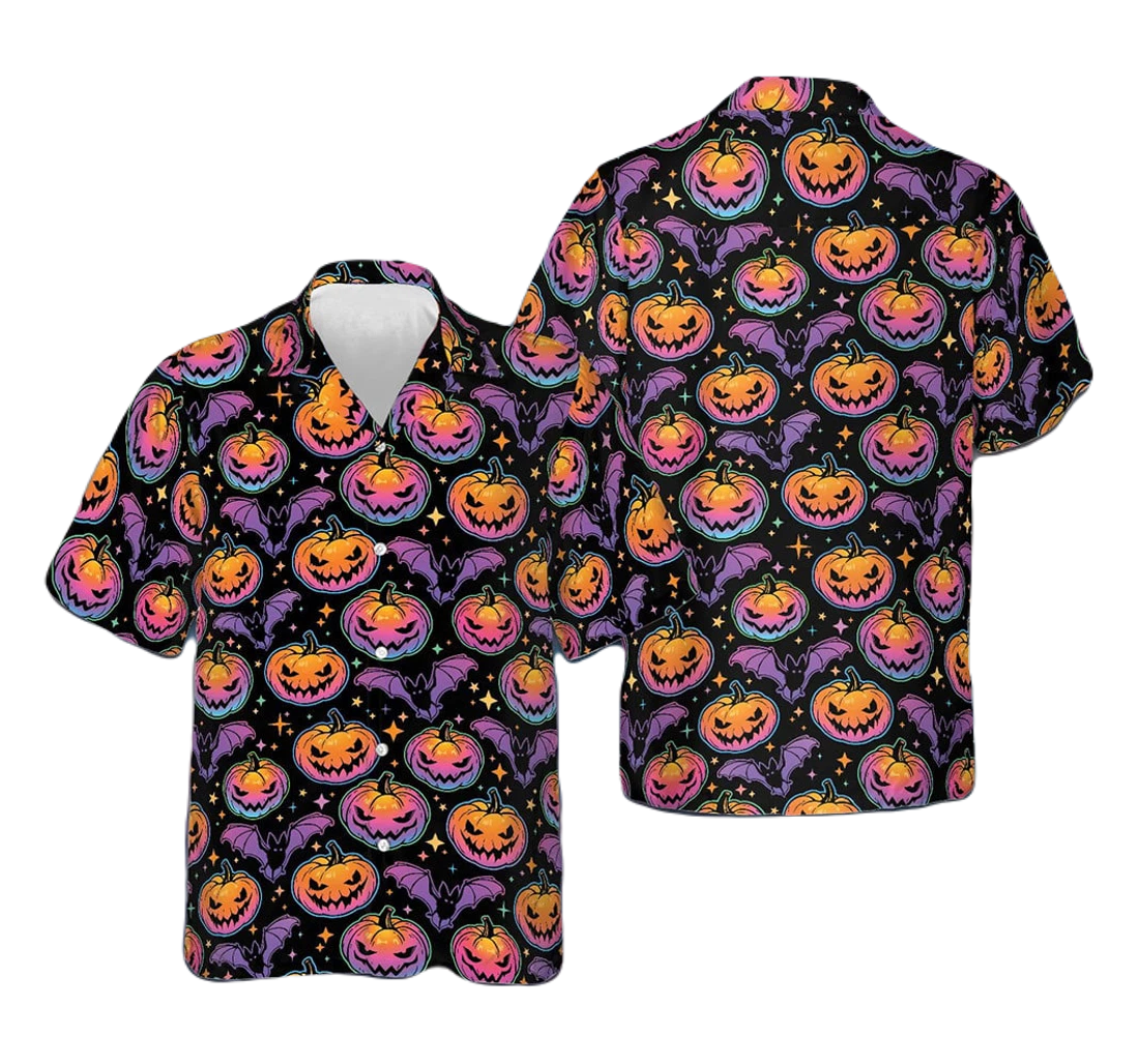 Halloween Hawaii Shirt Pumpkin And Bat Halloween Pattern Hawaiian Shirt Purple Orange Unisex