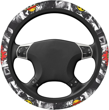 One Piece Steering Wheel Cover One Piece Jolly Roger Manga Pattern Driving Wheel Cover Black White