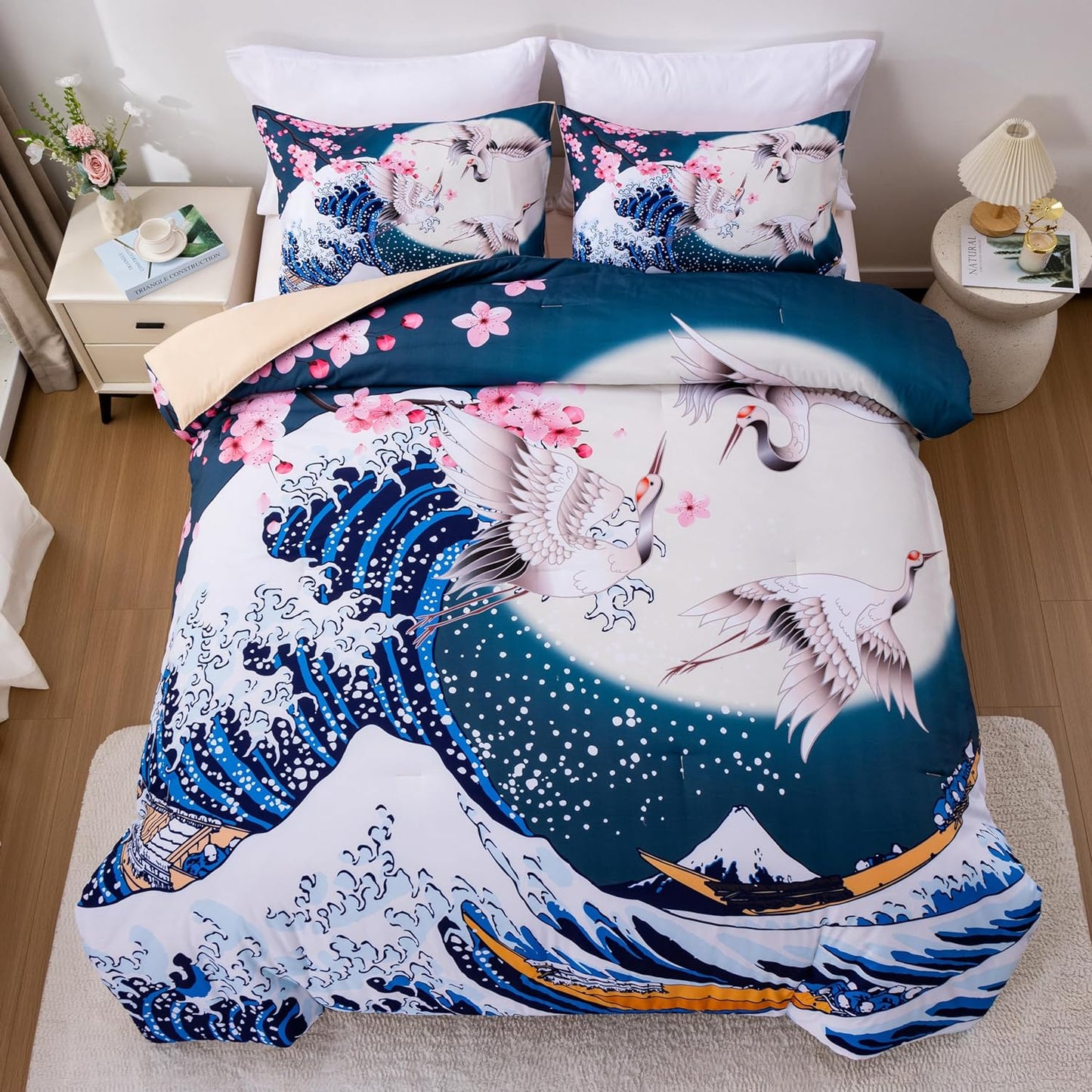 Japan Bedding Set Cherry Blossoms Crane And The Great Wave Duvet Covers Blue White Unique Gift