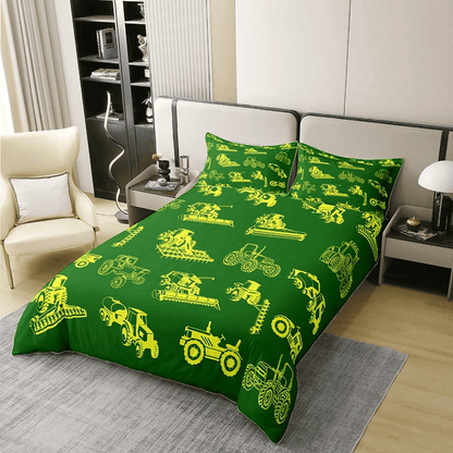 Farmer Bedding Set Farming Equipment Vehicle Pattern Duvet Covers Green Unique Gift