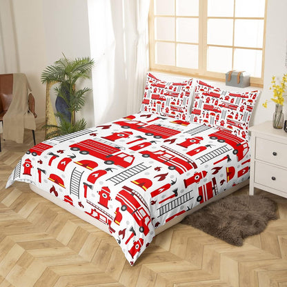 Firefighter Bedding Set Fire Truck Helmet Ladder Fire Extinguisher Pattern Duvet Covers White Red Unique Gift