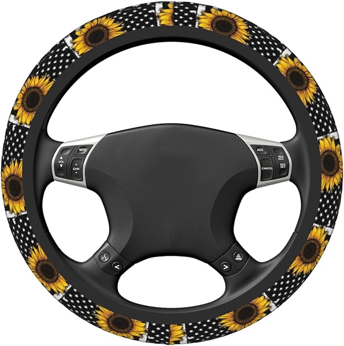 Sunflower Steering Wheel Cover Sunflower With American Flag Pattern Driving Wheel Cover Black Yellow