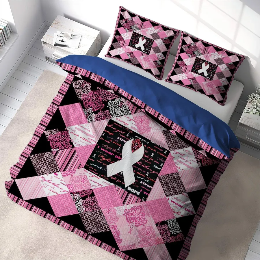 Breast Cancer Bedding Set Breast Cancer Ribbon Fabric Pattern Duvet Covers Black Pink Unique Gift